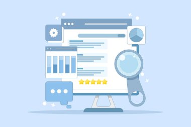 SEO konsepti, Arama motoru sıralaması, arama motoru sonuç sayfalarında daha yüksek dereceye yükseltmek için web sitesi optimizasyonu, arama motoru müşteri değerlendirmeleri. Arkaplanda düz vektör illüstrasyonu.