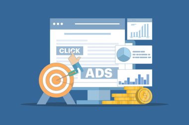 Web siteleri için tıklama başına ödeme kavramı. İnternetteki reklamlar, reklamlara tıklama, tıklama başına ödeme. PPC reklam stratejileri, reklamlar ve daha fazlası. Arkaplanda düz vektör illüstrasyonu.