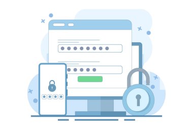 Kişisel verileri korumak için iki aşamalı doğrulama kavramı. Kullanıcı yetkilendirmesi, giriş yetkilendirmesi ve bilgi koruması. Düz Çizgi Film Vektör İllüstrasyonu, simge. Soyut web tasarımı.