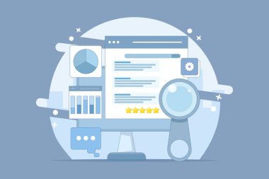 SEO konsepti, Arama motoru sıralaması, arama motoru sonuç sayfalarında daha yüksek dereceye yükseltmek için web sitesi optimizasyonu, arama motoru müşteri değerlendirmeleri. Arkaplanda düz vektör illüstrasyonu.
