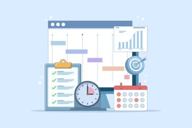 Proje Yönetimi Konsepti, yazılım geliştirme planlaması, kaynak ve bütçe planlaması, proje takvimi şeması, çalışma süresi için gantt çizelgesi, proje yönetimi yazılımı. düz vektör illüstrasyonu.