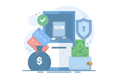 ATM güvenlik ve koruma konsepti. ATM ya da ATM. ATM makinelerinin güvenliği. Teknoloji ve finans. İşlemler ve para depolama için ATM. Arkaplanda düz vektör illüstrasyonu.