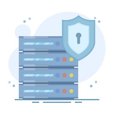 Sunucu veri güvenliği kavramı. Shield ile Data Server. Veri Konseptini güvene al. Güvenli sunucu. Veri Merkezi ve veri koruması. Siber Güvenlik Teknolojisi, arka planda düz vektör çizimi.