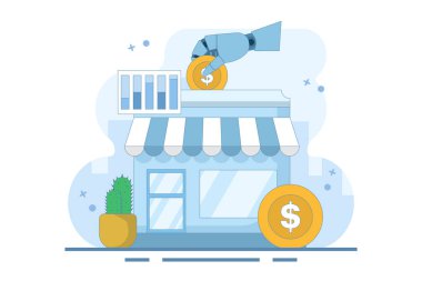 Küçük ve orta büyüklükteki işletmeleri destekleme kavramı. Yerel işletmelerin büyümeye devam etmesi ve gelişmesi için yatırım veya finansman. Yatırımcılar dükkanlara para yatırır. düz vektör illüstrasyonu.