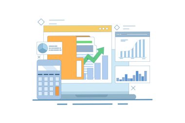 İş analizi uzmanı konsepti. Finansal araştırma, çevrimiçi veri analizi raporlama. Ticari mali yatırım için istatistiksel ve veri analizi. Düz vektör illüstrasyonu.