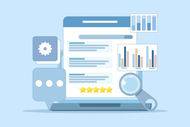 SEO konsepti, Arama motoru sıralaması, arama motoru sonuç sayfalarında daha yüksek dereceye yükseltmek için web sitesi optimizasyonu, arama motoru müşteri değerlendirmeleri. Arkaplanda düz vektör illüstrasyonu.