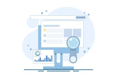 Arama motoru veri analiz kavramı, SEO araçları, SEO yazılımı, dijital pazarlama analiz raporu. SEO için veri analizi ve optimizasyon, pazarlama araştırması. arkaplanda düz vektör illüstrasyonu.