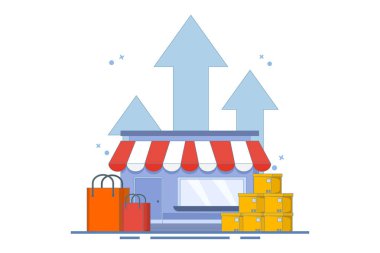 Küçük ve orta ölçekli iş geliştirme kavramı. Yerel işletmeleri geliştirmek ve geliştirmek büyümeye devam ediyor. geliştir ve uygula. Oklu dükkan. düz vektör illüstrasyonu.