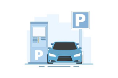Otoparka, otoparka araba park etme fikri. Büyük bir şehirde halka açık bir araba parkı. Şehir ulaşımı. Yol işaretleri. Modern düz çizgi film tarzı. Arkaplanda vektör illüstrasyonu.