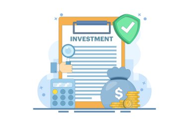 Güvenli Yatırım Konsepti. Hesap makinesi ve kalkanlı pano. Finansal istikrar. Yatırım Planlama ve Hesaplama. Ekonomik Krizdeki Finansal Tasarrufların Korunması. Düz vektör illüstrasyonu.