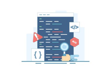 Hata raporu konsepti. Bilgisayar programında dans eden böcekler için büyüteç. Web sitesinde hata raporları büyüteç takip cihazı bilgisayar virüsü koruması. Düz Çizim.