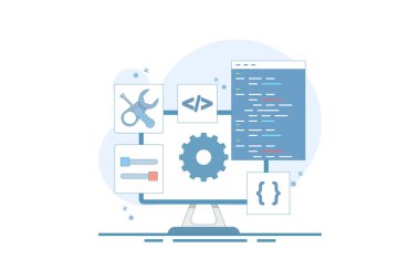 Yazılım geliştirme konsepti. Bir bilgisayar ekranındaki dişlilerin kodlanması ve yapılandırılması bir tornavida anahtar kodunun ayarlarını gösterir. Düz çizim: Düz çizgi biçimli izole arkaplan.