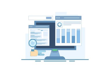 Arama motoru veri analiz kavramı, SEO araçları, SEO yazılımı, dijital pazarlama analiz raporu. SEO için veri analizi ve optimizasyon, pazarlama araştırması. arkaplanda düz vektör illüstrasyonu.