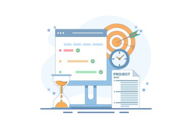 Proje yönetimi konsepti, dizüstü bilgisayar monitöründeki program kontrol listesi, hedef kağıt kum saati projesinin özeti. Proje yönetimi zamanında tamamlanan görevler denetleniyor.