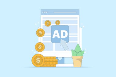 tıklama başına ödeme kavramı. Reklamcıların reklamları her tıklandığında ödeme yaptıkları online reklamlar. Para kazanmak için tıklayın. İmleç, bozuk para ve banka kartı olan bilgisayar monitörü. düz resimleme.