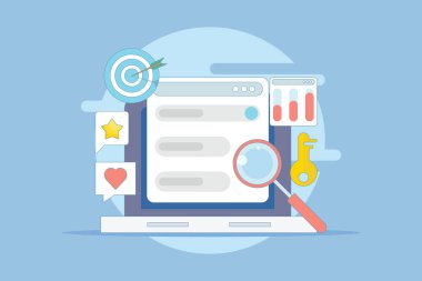 Anahtar kelime araştırma konsepti, anahtar kelime hedefleme, SEO anahtar kelime optimizasyonu, anahtar kelime analiz aracı. Anahtar kelime gruplama stratejisi ile arama motoru pazarlaması. Arkaplanda düz vektör illüstrasyonu.