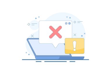 Hata konsepti, sistem hatası, başarısız, reddedilmiş, hatalı, hatalı. Bilgi ve uyarı. Çapraz işaret gösteren bildirim iletisinin gösterimi. arkaplanda düz tasarım çizimi.