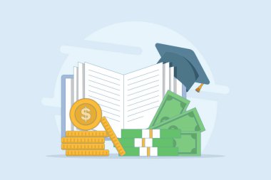 Okul harcı sabit olarak ödeniyor. Üniversite için eğitim fonu, okul veya üniversite ücretleri için tasarruf, mesleki yeterlilik ücretleri, öğrenim veya eğitim ücretleri. Düz vektör resimleme Arkaplanı.