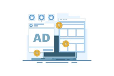 Sosyal medya reklamcılığı konsepti trafiği web sitesine gönderiyor, sosyal medya trafik kampanyası, sosyal medya reklamları satış üretiyor. Dijital reklam kampanyası. Arkaplanda düz vektör illüstrasyonu.