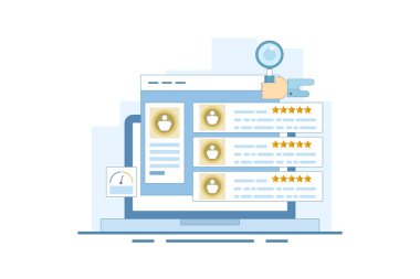 Müşteri geribildirim kavramı paylaşımı çevrimiçi, çevrimiçi müşteri anketi, ürün ve hizmetlerin müşteri deneyimi. Olumlu geri bildirim. Arkaplanda düz vektör illüstrasyonu.