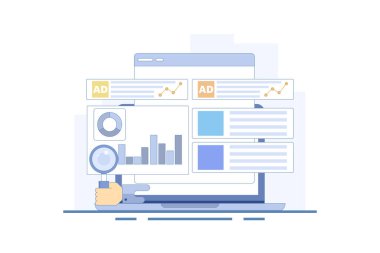 Ücretli Trafik Konsepti, internet sitesi trafiği, sosyal medya, ücretli arama kampanyaları, ücretli reklam analizleri gönderen dijital reklam kampanyaları. İnternet sitesi trafiği büyüyor. Düz vektör illüstrasyonu.