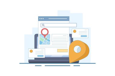 Arama motoru haritası konsepti, arama sonuçlarında iş yerini gösteren arama motoru, arama sonuçlarında iş adresi. Yerel harita optimizasyonu. Analizler veri gösteriyor. Vektör illüstrasyonu.