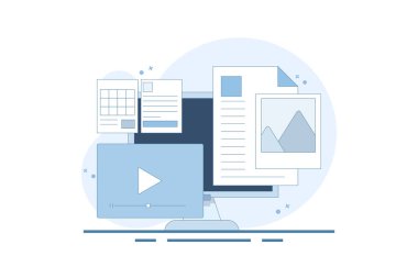 İçerik Biçimi Web, İçerik pazarlama stratejisi, Web sitesi içeriği, Çevrimiçi dokümanlar. Çeşitli içerik biçimleri, dijital pazarlama için içerik geliştirme. Vektör illüstrasyonu.