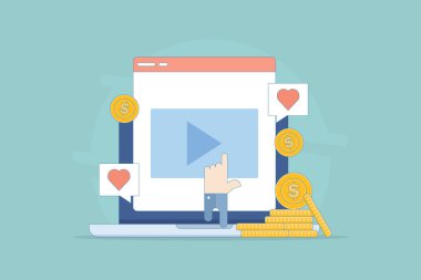 Video İçerik Pazarlama Konsepti, içerik oluşturulmasından para kazanmak, sosyal medya içerik yaratıcıları çevrimiçi para kazanıyor. Video etkileyicisi. arkaplanda düz vektör illüstrasyonu.