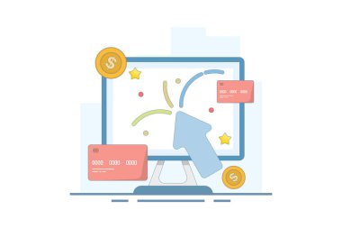 tıklama başına ödeme kavramı. Reklamcıların reklamları her tıklandığında ödeme yaptıkları online reklamlar. Para kazanmak için tıklayın. İmleç, bozuk para ve banka kartı olan bilgisayar monitörü. düz resimleme.