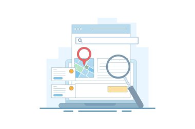 Arama motoru haritası konsepti, arama sonuçlarında iş yerini gösteren arama motoru, arama sonuçlarında iş adresi. Yerel harita optimizasyonu. Analizler veri gösteriyor. Vektör illüstrasyonu.