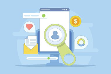 Dijital Reklam Hedefleme Konsepti, belirli bir kitleyi hedef alan reklam kampanyaları, reklam kampanyalarındaki izleyici nüfusu, sosyal medya hedeflemesi, arka plandaki düz vektör illüstrasyonu.