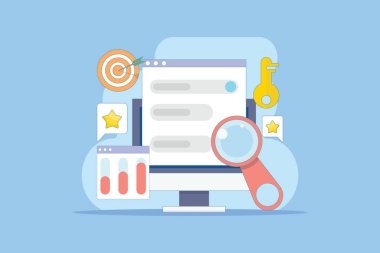 Anahtar kelime araştırma konsepti, anahtar kelime hedefleme, SEO anahtar kelime optimizasyonu, anahtar kelime analiz aracı. Anahtar kelime gruplama stratejisi ile arama motoru pazarlaması. Arkaplanda düz vektör illüstrasyonu.