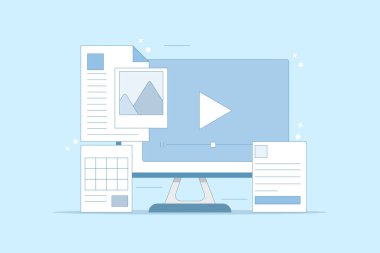 İçerik Biçimi Web, İçerik pazarlama stratejisi, Web sitesi içeriği, Çevrimiçi dokümanlar. Çeşitli içerik biçimleri, dijital pazarlama için içerik geliştirme. Vektör illüstrasyonu.