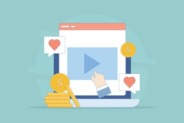 Video İçerik Pazarlama Konsepti, içerik oluşturulmasından para kazanmak, sosyal medya içerik yaratıcıları çevrimiçi para kazanıyor. Video etkileyicisi. arkaplanda düz vektör illüstrasyonu.