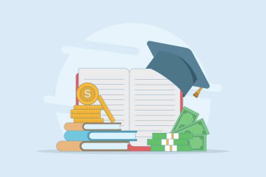 Okul harcı sabit olarak ödeniyor. Üniversite için eğitim fonu, okul veya üniversite ücretleri için tasarruf, mesleki yeterlilik ücretleri, öğrenim veya eğitim ücretleri. Düz vektör resimleme Arkaplanı.