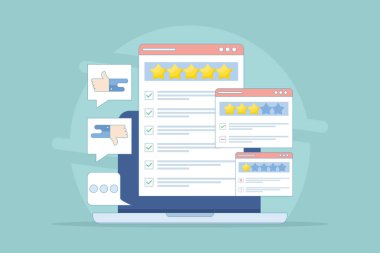 Müşteri İncelemesi, Memnuniyet, Geribildirim. Farklı deneyimleri olan müşteri yorumlarının analizi. Ürün hizmet derecelerini, anketleri, değerlendirmeleri, görüşleri iyileştirme çabaları. Düz Çizim.