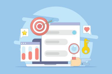 Anahtar kelime araştırma konsepti, anahtar kelime hedefleme, SEO anahtar kelime optimizasyonu, anahtar kelime analiz aracı. Anahtar kelime gruplama stratejisi ile arama motoru pazarlaması. Arkaplanda düz vektör illüstrasyonu.