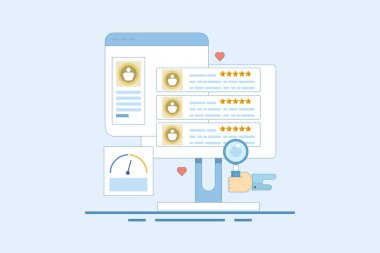 Müşteri geribildirim kavramı paylaşımı çevrimiçi, çevrimiçi müşteri anketi, ürün ve hizmetlerin müşteri deneyimi. Olumlu geri bildirim. Arkaplanda düz vektör illüstrasyonu.