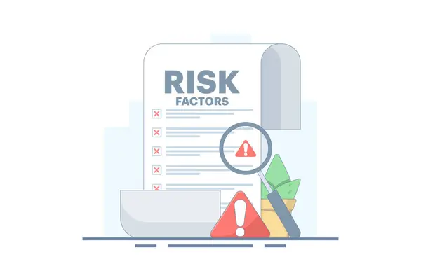 Risk Faktörü Analiz Tasarımı, Büyüteç ve Uyarı İşaretli Belge. Belgeler iş risklerini gösteriyor. Risk yönetimi, iş hataları, strateji ve planlama. Vektör İllüstrasyonu.