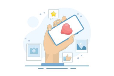 Akıllı telefonlu sosyal medya ve teknoloji kavramı, düğmeler ve geometrik şekiller gibi, sohbet. Çevrimiçi sosyal iletişim uygulaması kavramı. Arkaplanda düz vektör illüstrasyonu.