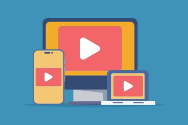 Canlı video yayını konsepti, vlog yayıncılığı. çevrimiçi video oynatmak, canlı video izlemek, dijital içerik. Sosyal ağlardan canlı yayın izliyoruz. arkaplanda düz resimleme.