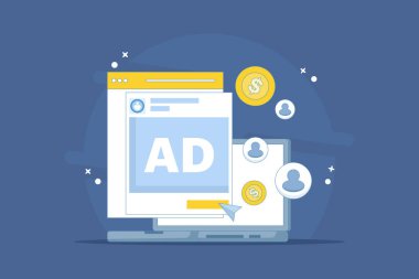 Gelir getiren sosyal medya reklam kavramı. Sosyal medya reklam harcamaları, trafik gönderen sosyal medya reklamları. Ücretli reklam kampanyaları. Reklam bütçesi. Arkaplanda düz illüstrasyon.