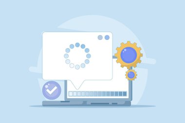 Tamamlanmış bir süreç ya da ilerleme kavramı. Başarılı işlem, kurulum, indirme veya yükleme. Bilgi ve bildirimler. Yazılım içindeki teknoloji sistemleri. düz resimleme.