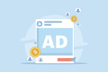 Gelir getiren sosyal medya reklam kavramı. Sosyal medya reklam harcamaları, trafik gönderen sosyal medya reklamları. Ücretli reklam kampanyaları. Reklam bütçesi. Arkaplanda düz illüstrasyon.