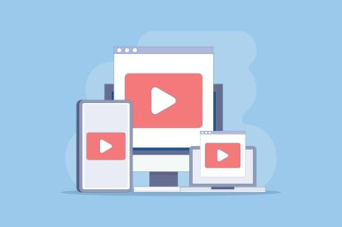 Canlı video yayını konsepti, vlog yayıncılığı. çevrimiçi video oynatmak, canlı video izlemek, dijital içerik. Sosyal ağlardan canlı yayın izliyoruz. arkaplanda düz resimleme.