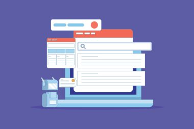 Yapay zeka, yapay zeka, arama motoru ve yapay zeka. Yapay zeka arama uygulaması, verilere dayalı içerik gösterimi. Vektör indirme sayfası.