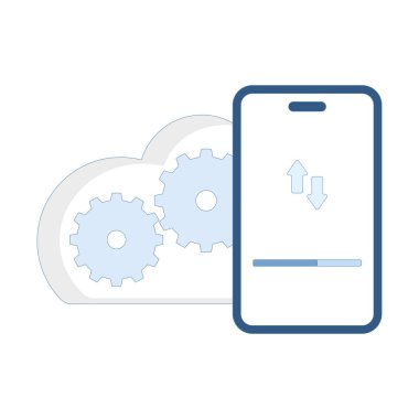 Bulut hesaplama konsepti, veri transferi, yazılım güncellemesi ve mobil aygıt kurulumu. Akıllı telefon donanımı ve ekranı olan bir bulut. Yeni aygıttaki uygulamalar yenileniyor veya senkronize ediliyor. düz tasarım illüstrasyon.