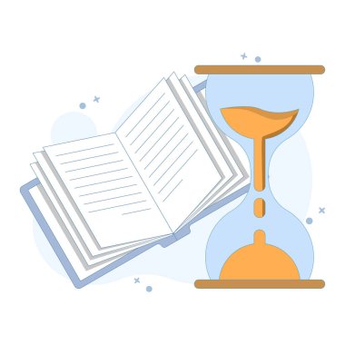 Zaman yönetimi konsepti. Açık kitaplı kum saati. Okuma süresi ve sabrı. Eğitim, okur yazarlık kampanyaları, zaman yönetimi ve kitapla ilgili içerik için mükemmel. Minimalist düz resimleme.