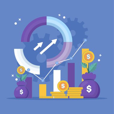 Yatırım yönetimi konsepti. Yatırım yapılacak mal varlıklarını ya da hisse senetlerini yönetmek ve seçmek. Kar, kazanç, ekonomi ve finans. Grafik. Arkaplanda düz tasarım çizimi.