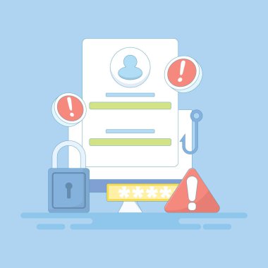 phishing web konsepti. Şüpheli giriş sayfası uyarı uyarısı. Sahtecilik sitelerine dikkat et. Güvenlik ve önleme. Giriş sayfası olan monitör, kanca ve kilit. düz biçim tasarım çizimi.
